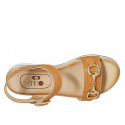 Woman's sandal with strap and accessory in cognac brown leather wedge heel 3 - Available sizes:  42