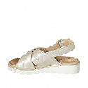 Woman's sandal in platinum laminated leather with crossed bands wedge heel 3 - Available sizes:  42, 43, 46