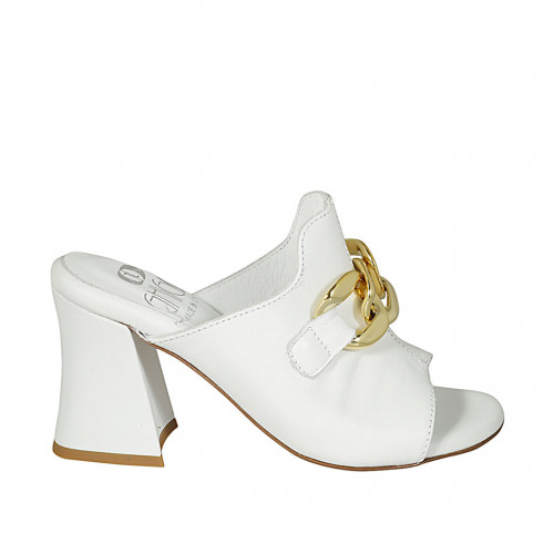 Woman's mule with chain in white leather heel 8 - Available sizes:  42, 43