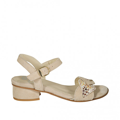 Woman's strap sandal in beige and multicolored mosaic printed suede heel 3 - Available sizes:  32, 45