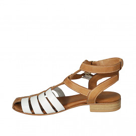 Woman's sandal with straps in white and cognac brown leather heel 2 - Available sizes:  42 2