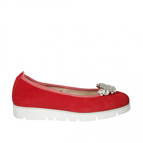 Woman's ballerina shoe in red suede with removable rhinestone clip-on wedge heel 3 - Available sizes:  32, 33, 43