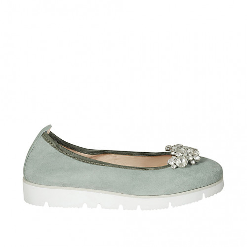 Ballerine pour femmes en daim vert sauge avec clip strass amovible talon compensé 3 - Pointures disponibles:  32, 42, 44