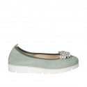 Ballerine pour femmes en daim vert sauge avec clip strass amovible talon compensé 3 - Pointures disponibles:  32, 42, 44