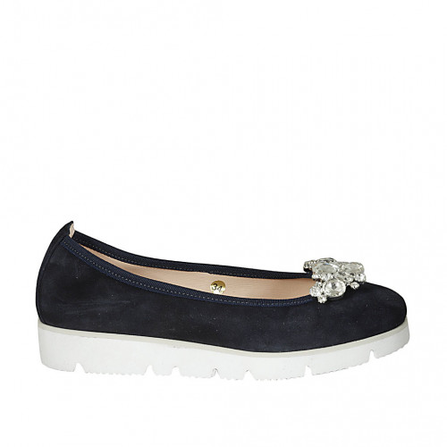 Woman's ballerina shoe in blue suede with removable rhinestone clip-on wedge heel 3 - Available sizes:  32, 33