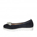 Woman's ballerina shoe in blue suede with removable rhinestone clip-on wedge heel 3 - Available sizes:  32, 33