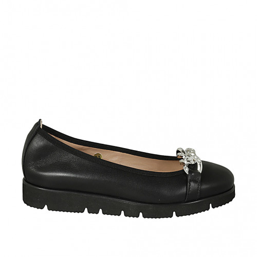 Woman's ballerina shoe in black leather with removable rhinestone clip-on wedge heel 3 - Available sizes:  33