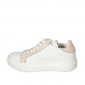 Woman's laced shoe in white and rose leather with removable insole wedge heel 4 - Available sizes:  43, 44