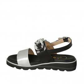 Woman's sandal with chain in black leather and silver laminated leather wedge heel 3 - Available sizes:  42 2