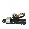 Sandale pour femmes avec chaîne en cuir noir et cuir lamé argent talon compensé 3 - Pointures disponibles:  32, 42, 44