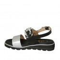 Woman's sandal with chain in black leather and silver laminated leather wedge heel 3 - Available sizes:  32, 42, 43, 44