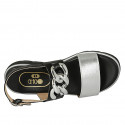 Sandale pour femmes avec chaîne en cuir noir et cuir lamé argent talon compensé 3 - Pointures disponibles:  32, 42, 44