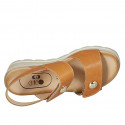 Woman's sandal with velcro strap and studs in cognac brown leather wedge heel 4 - Available sizes:  43