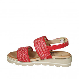 Sandale pour femmes en cuir et cuir tressé rouge talon compensé 3 - Pointures disponibles:  32, 42, 43 2