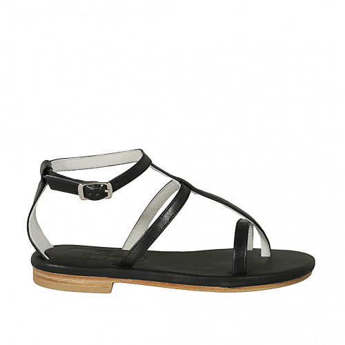 Woman's thong sandal in black leather with heel 1 - Available sizes:  33, 42