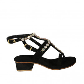 Sandale entredoigt pour femmes en daim noir avec strass et courroie talon 3 - Pointures disponibles: 34