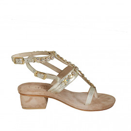 Woman's thong sandal in platinum laminated leather with rhinestones and strap heel 3 - Available sizes:  46