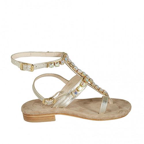 Woman's thong sandal in platinum laminated leather with rhinestones and strap heel 2 - Available sizes:  33, 34, 42