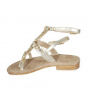 Woman's thong sandal in platinum laminated leather with rhinestones and strap heel 2 - Available sizes:  33, 34, 42