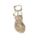 Woman's thong sandal in platinum laminated leather with rhinestones and strap heel 2 - Available sizes:  33, 34, 42