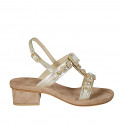 Woman's sandal in platinum laminated leather with rhinestones heel 3 - Available sizes:  42, 46