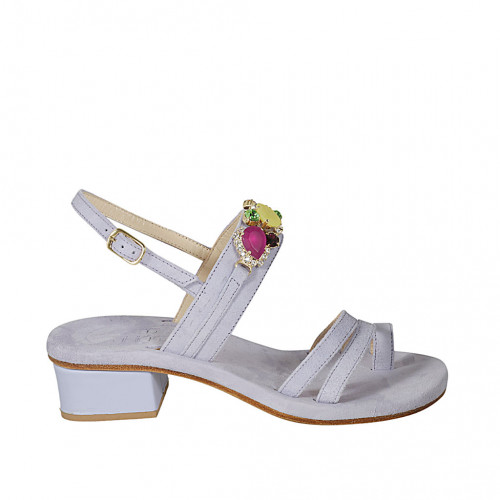 Woman's thong sandal in lilac suede with rhinestones heel 3 - Available sizes:  33, 42, 44, 46