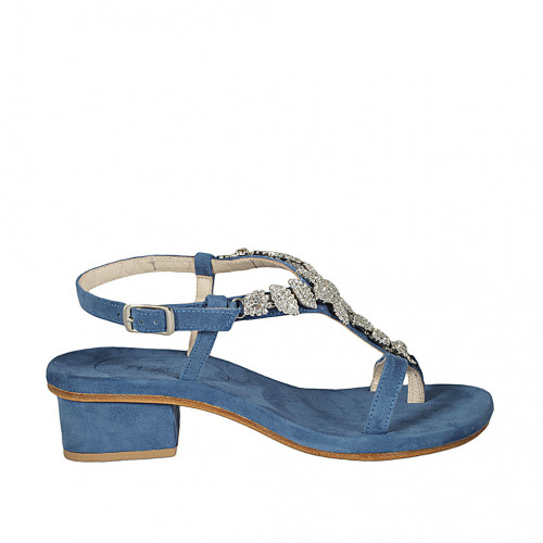 Woman's thong sandal in blue suede with rhinestones heel 3 - Available sizes:  42, 45