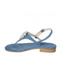 Woman's thong sandal in blue suede with rhinestones heel 2 - Available sizes:  33, 45, 46