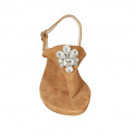 Woman's thong sandal in cognac brown suede with rhinestones heel 2 - Available sizes:  33, 34, 42, 45, 46