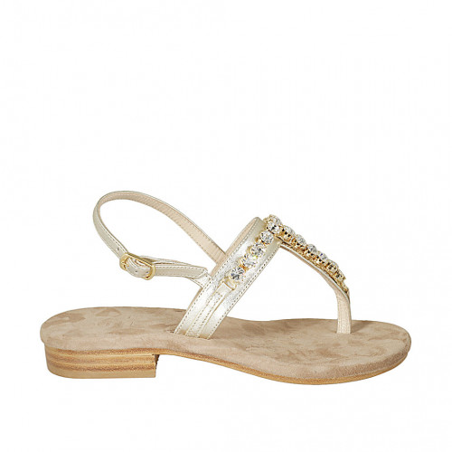 Woman's thong sandal with rhinestones in platinum laminated leather heel 2 - Available sizes:  34, 42, 43, 45