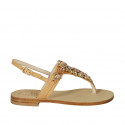 Woman's thong sandal in beige leather with rhinestones heel 2 - Available sizes:  42, 43