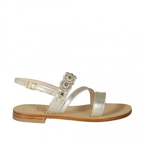 Woman's sandal in platinum laminated leather with rhinestones heel 2 - Available sizes:  33, 34, 42