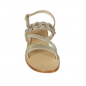 Woman's sandal in platinum laminated leather with rhinestones heel 2 - Available sizes:  33, 42
