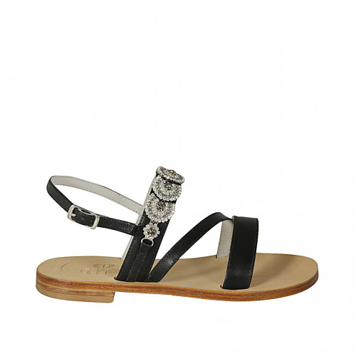 Sandale pour femmes avec strass en cuir noir talon 2 - Pointures disponibles:  33, 34, 42, 46
