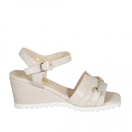 Woman's sandal in nude leather with strap and accessory wedge heel 6 - Available sizes:  43, 44, 45, 46