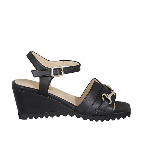 Woman's sandal in black leather with strap and accessory wedge heel 6 - Available sizes:  33, 34, 42, 43, 44, 45, 46