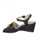 Woman's sandal in black leather with strap and accessory wedge heel 6 - Available sizes:  33, 34, 42, 43, 44, 45, 46