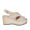 Woman's sandal in taupe suede with studs, platform and coated wedge heel 7 - Available sizes:  42, 44, 45, 46
