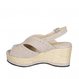 Woman's sandal in taupe suede with studs, platform and coated wedge heel 7 - Available sizes:  42 2