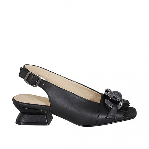 Woman's sandal with chain and fringes in black leather heel 4 - Available sizes:  32, 33, 34