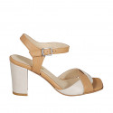 Woman's sandal with strap in cognac brown and beige leather heel 8 - Available sizes:  32, 42, 43, 44, 45