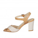 Woman's sandal with strap in cognac brown and beige leather heel 8 - Available sizes:  32, 42, 43, 44, 45