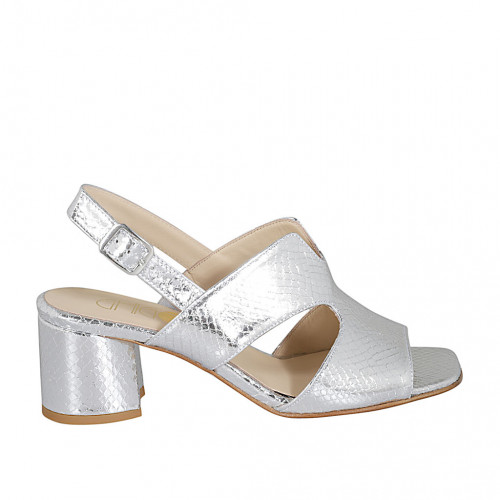 Woman's sandal in silver laminated and printed leather heel 6 - Available sizes:  33, 44, 46