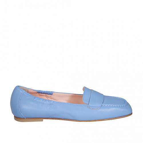 Mocasin con punta cuadrada y elasticos para mujer en piel azul claro tacon 1 - Tallas disponibles:  32, 33, 42, 43, 45