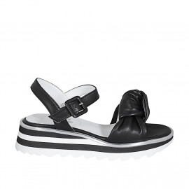 Woman's sandal with strap and knot in black leather wedge heel 4 - Available sizes:  45