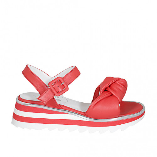 Woman's sandal with strap and knot in red leather wedge heel 4 - Available sizes:  32, 34, 42, 43, 44, 45