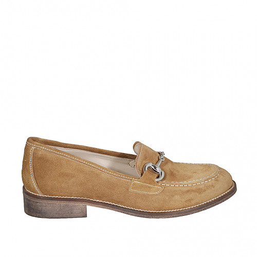 Woman's mocassin with accessory in beige suede heel 3 - Available sizes:  32, 44