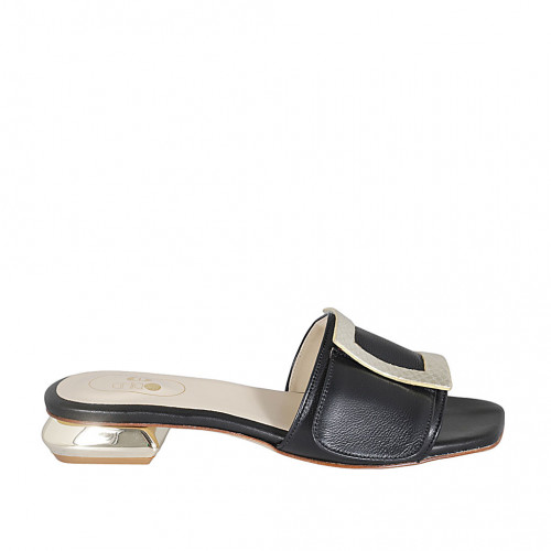 Woman's mules in black and platinum printed leather heel 2 - Available sizes:  42, 43