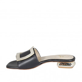 Woman's mules in black and platinum printed leather heel 2 - Available sizes:  42 2