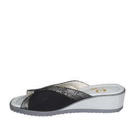 Woman's mules with elastic band in black and printed laminated silver suede wedge heel 4 - Available sizes:  43 2
